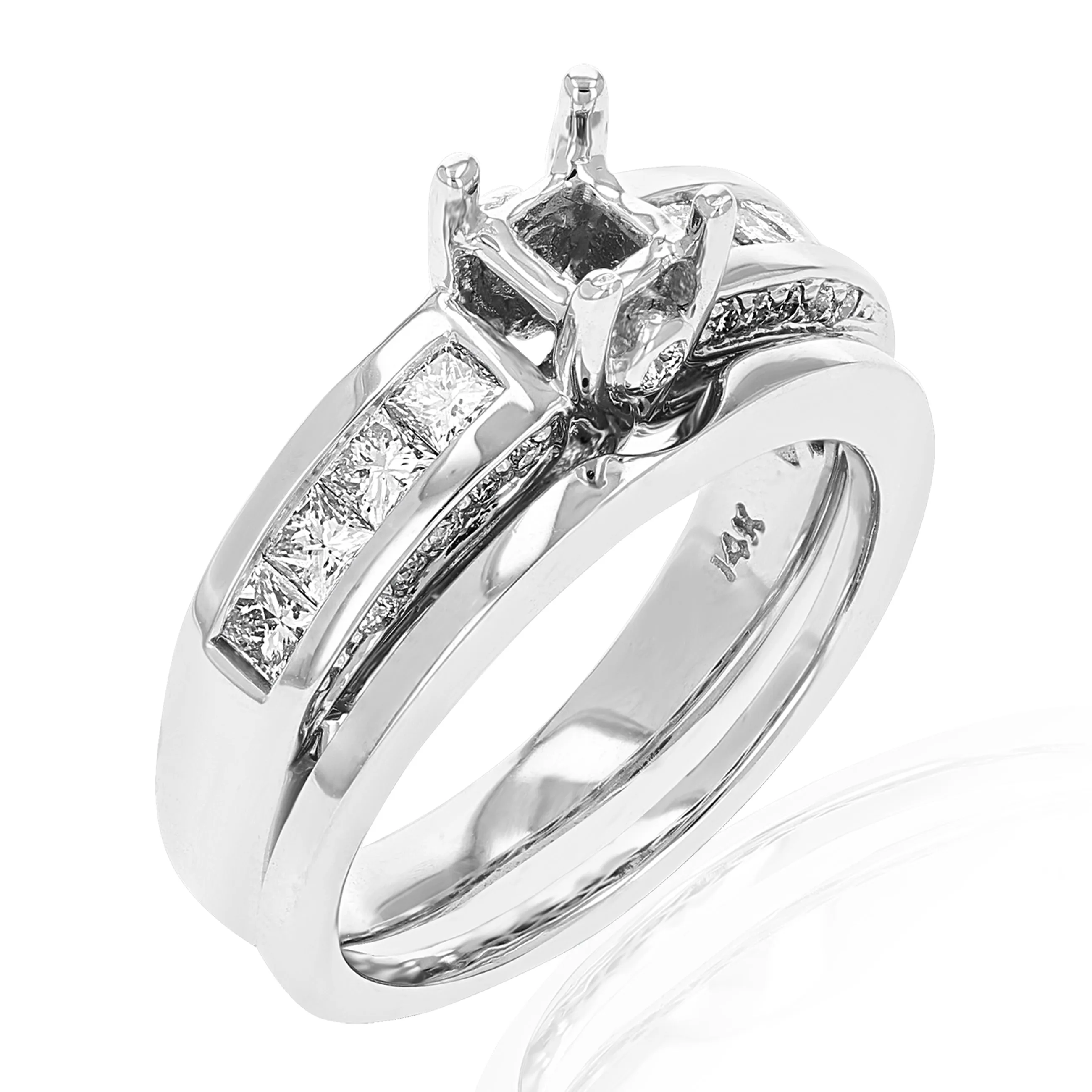 0.80 cttw Semi Mount Diamond Wedding Bridal Set 14K White Gold Princess