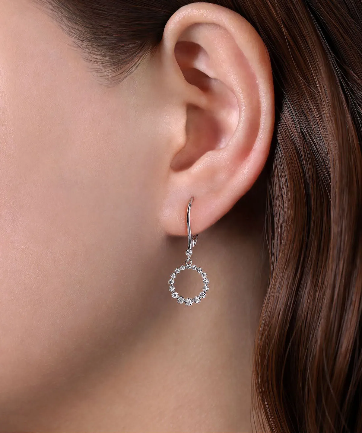 14K White Gold Open Circle Diamond Drop Earrings