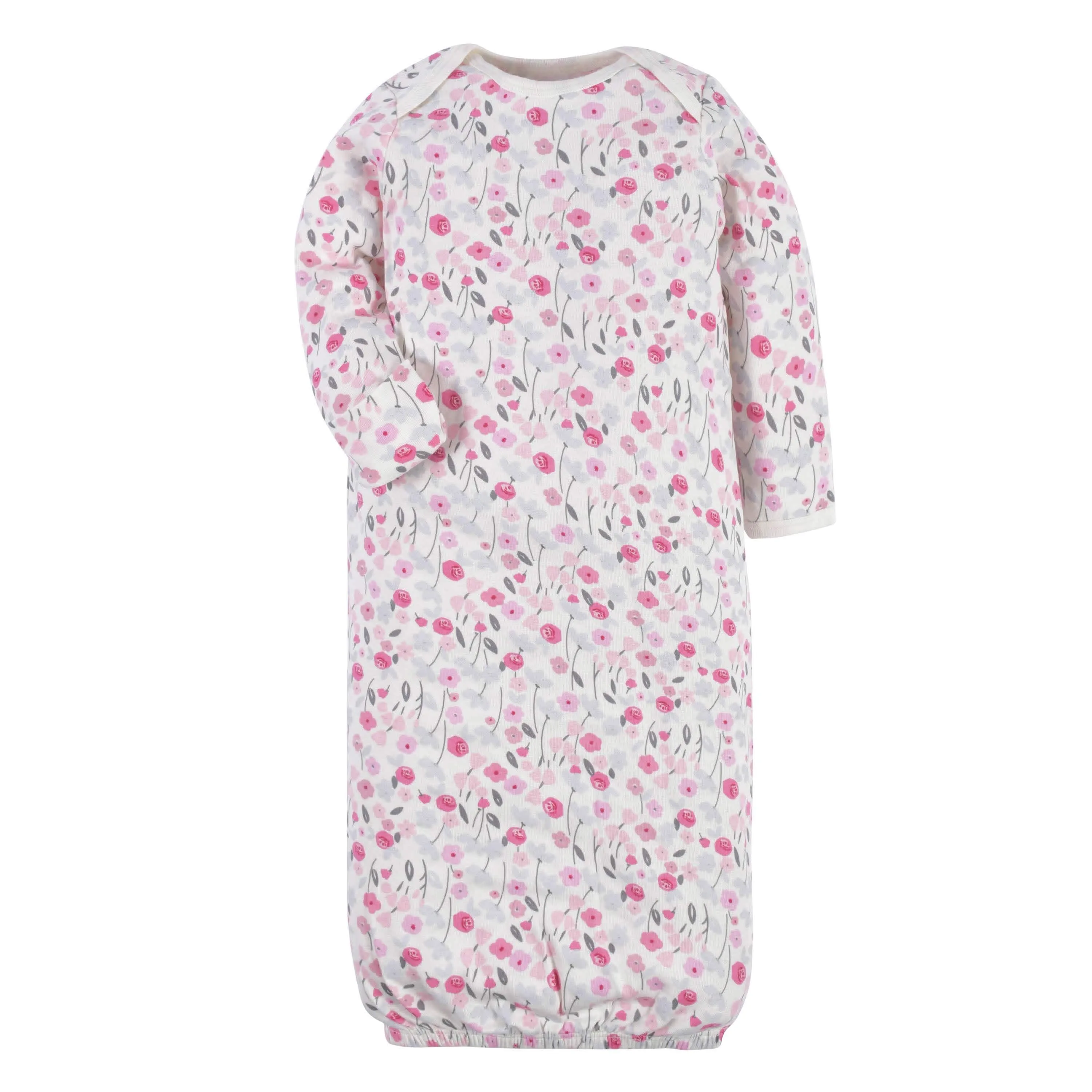 2-Piece Baby Girls Comfy Stretch Roses & Bunnies Gown & Cap Set