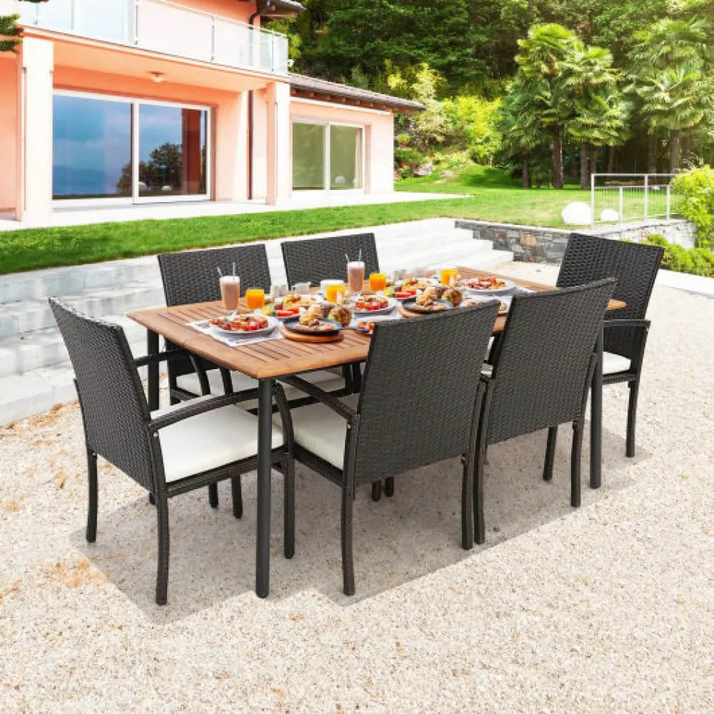 7 Pieces Patio Wicker Cushioned Dining Set with Umbrella Hole