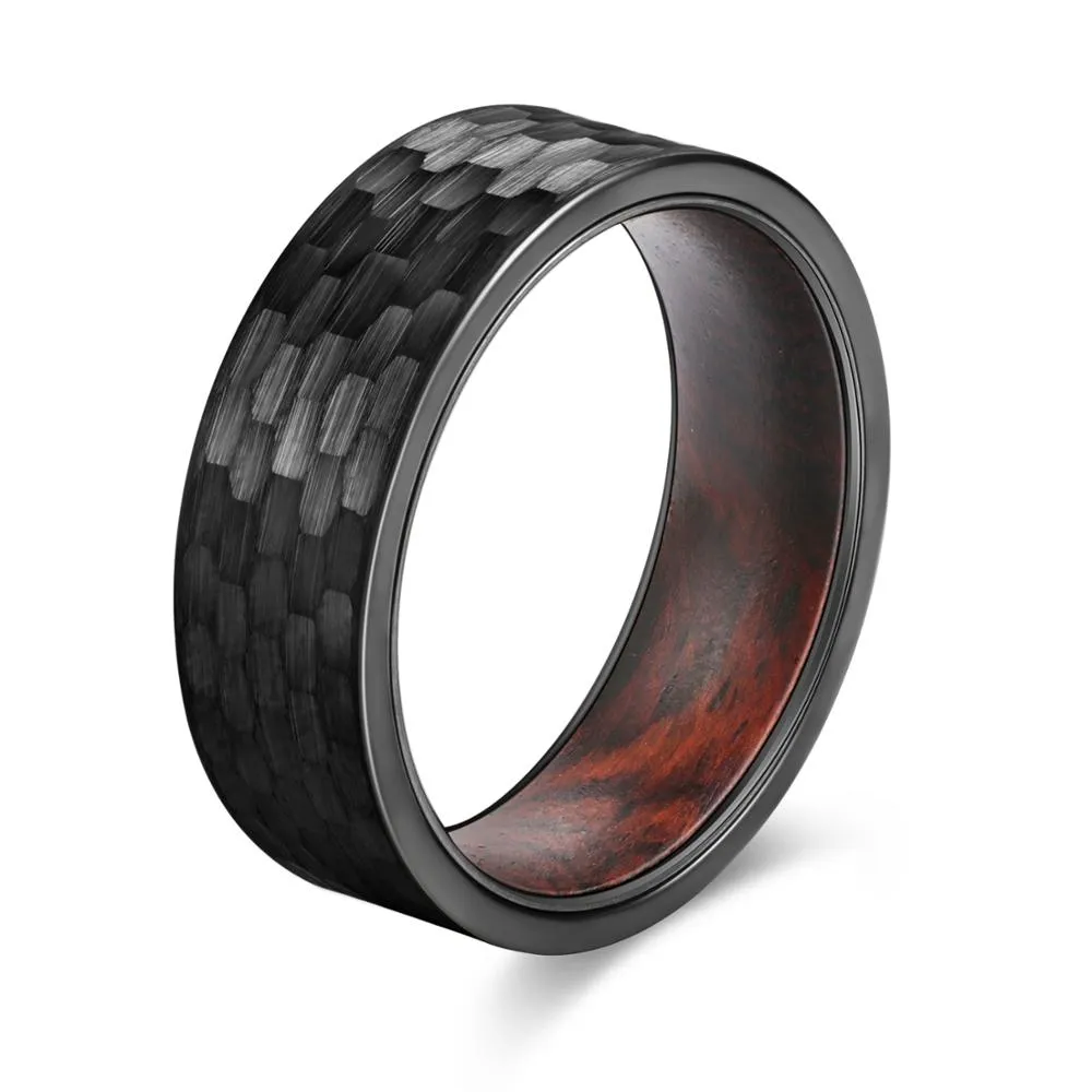 8mm Men Hammered Tungsten with Snake Wood Interior Comfort Fit Wedding Band