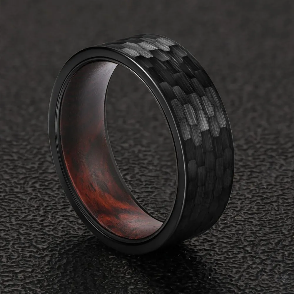 8mm Men Hammered Tungsten with Snake Wood Interior Comfort Fit Wedding Band