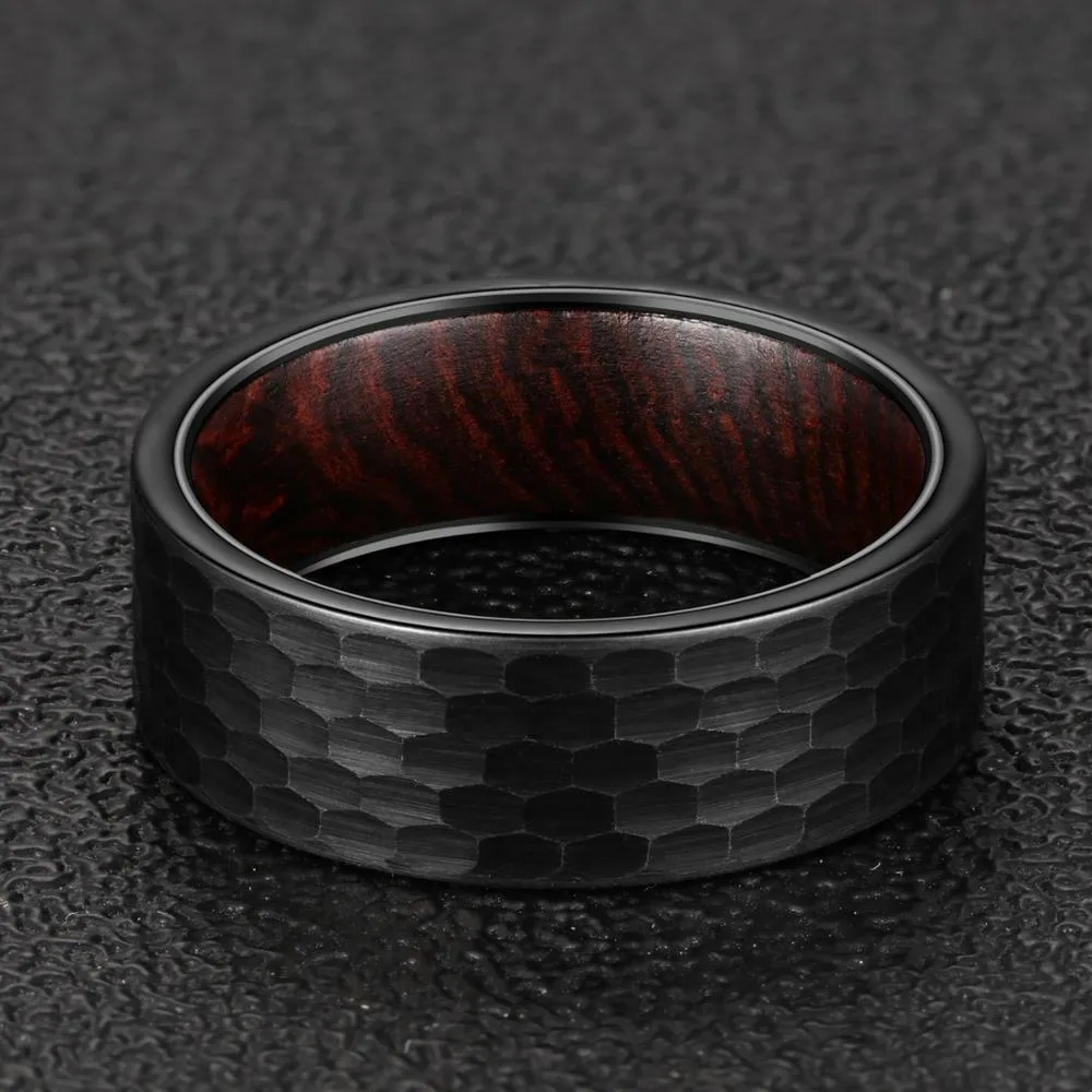 8mm Men Hammered Tungsten with Snake Wood Interior Comfort Fit Wedding Band