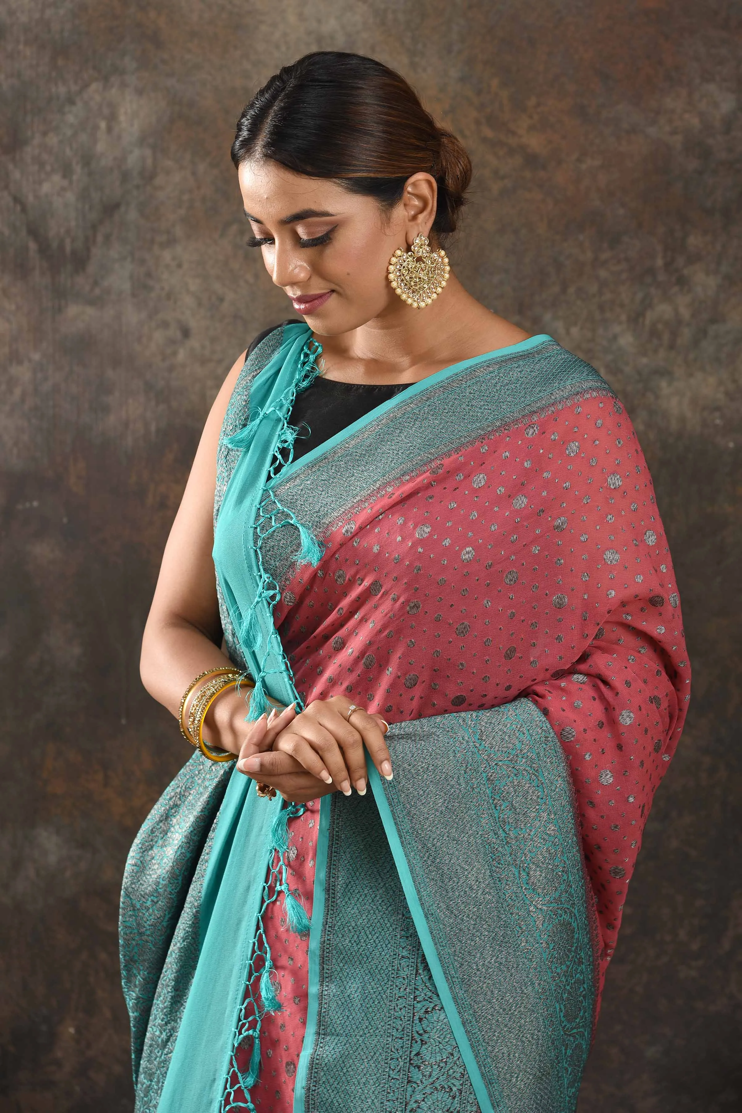 90N346-RO Pink Georgette Saree with Antique Zari Blue Border