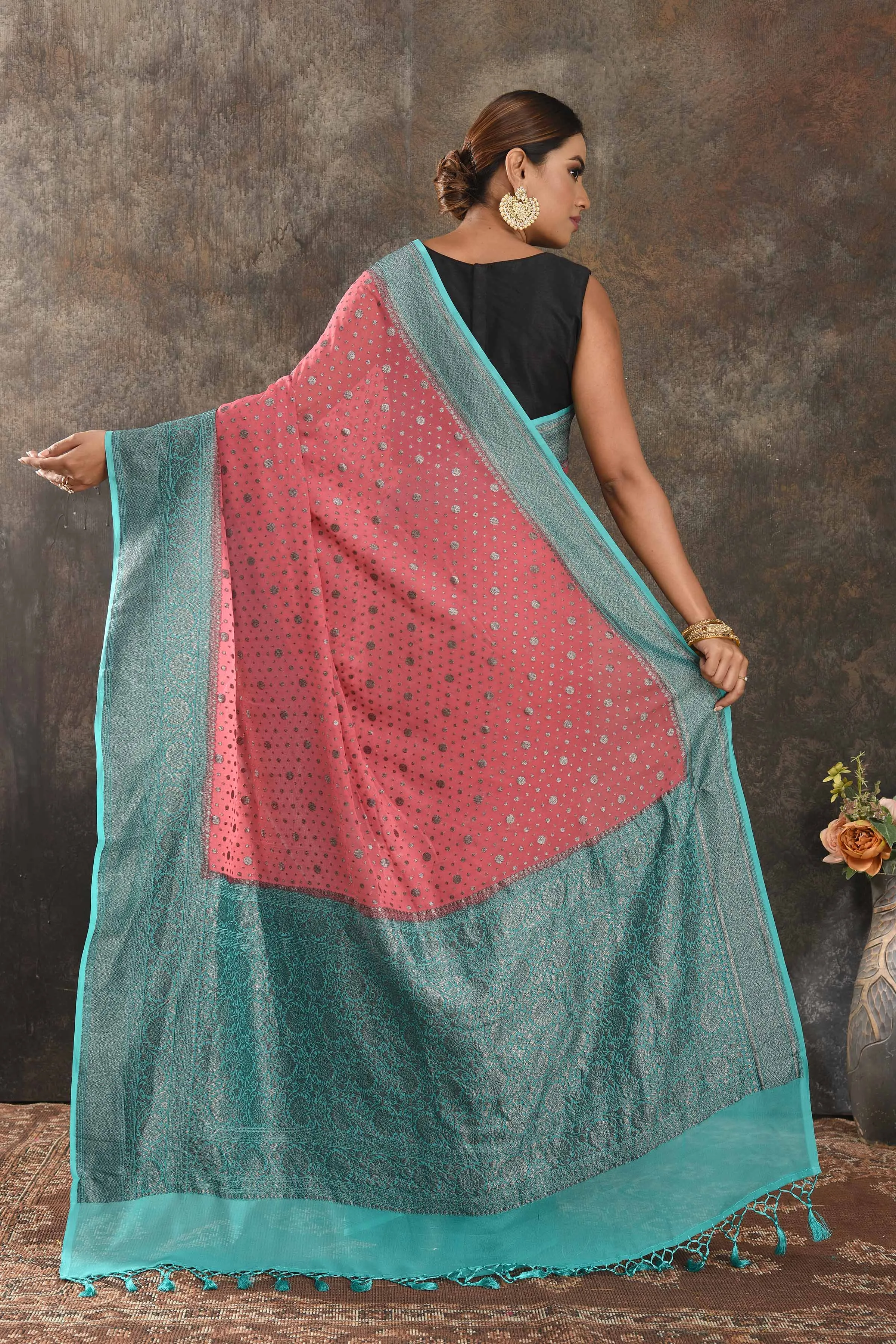 90N346-RO Pink Georgette Saree with Antique Zari Blue Border