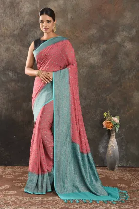 90N346-RO Pink Georgette Saree with Antique Zari Blue Border