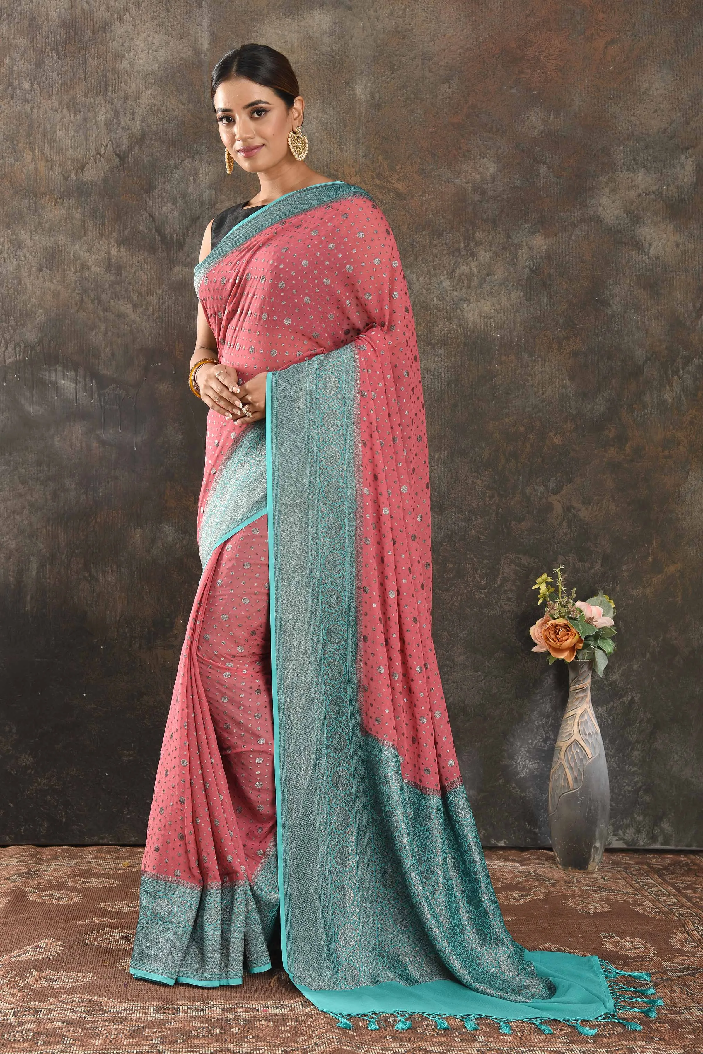 90N346-RO Pink Georgette Saree with Antique Zari Blue Border