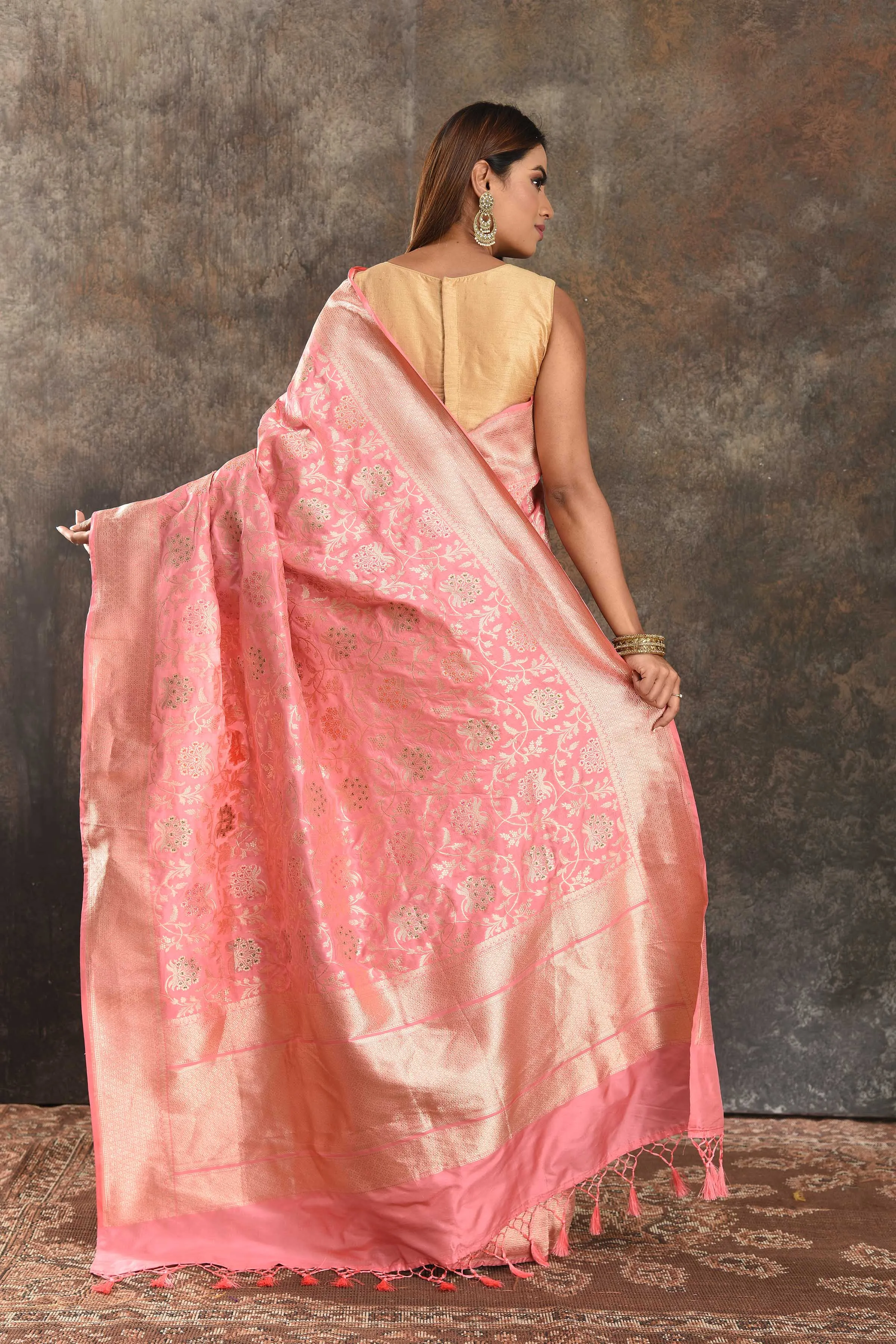 90N419-RO Pink Katan Silk Banarasi Saree with Zari Work