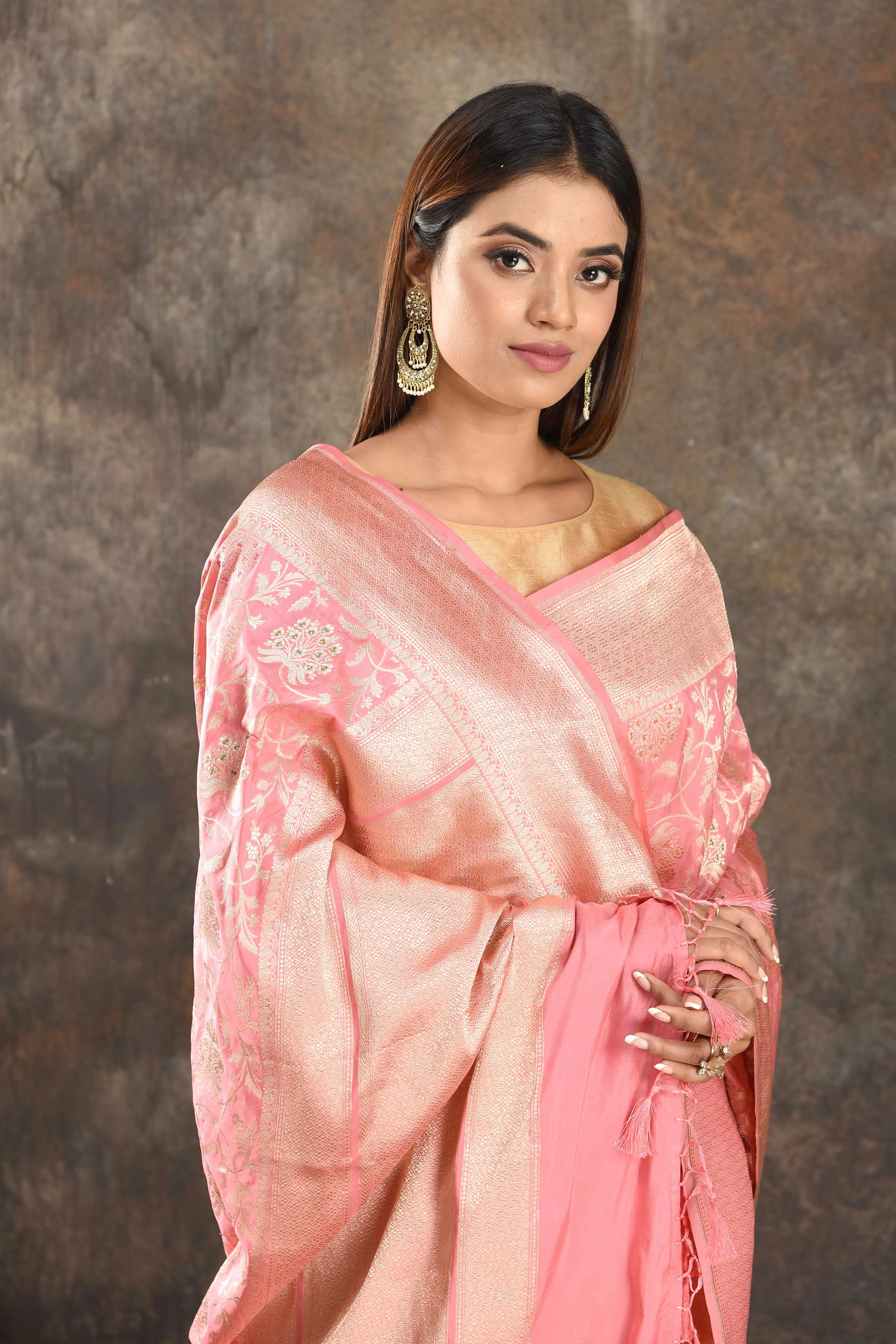 90N419-RO Pink Katan Silk Banarasi Saree with Zari Work