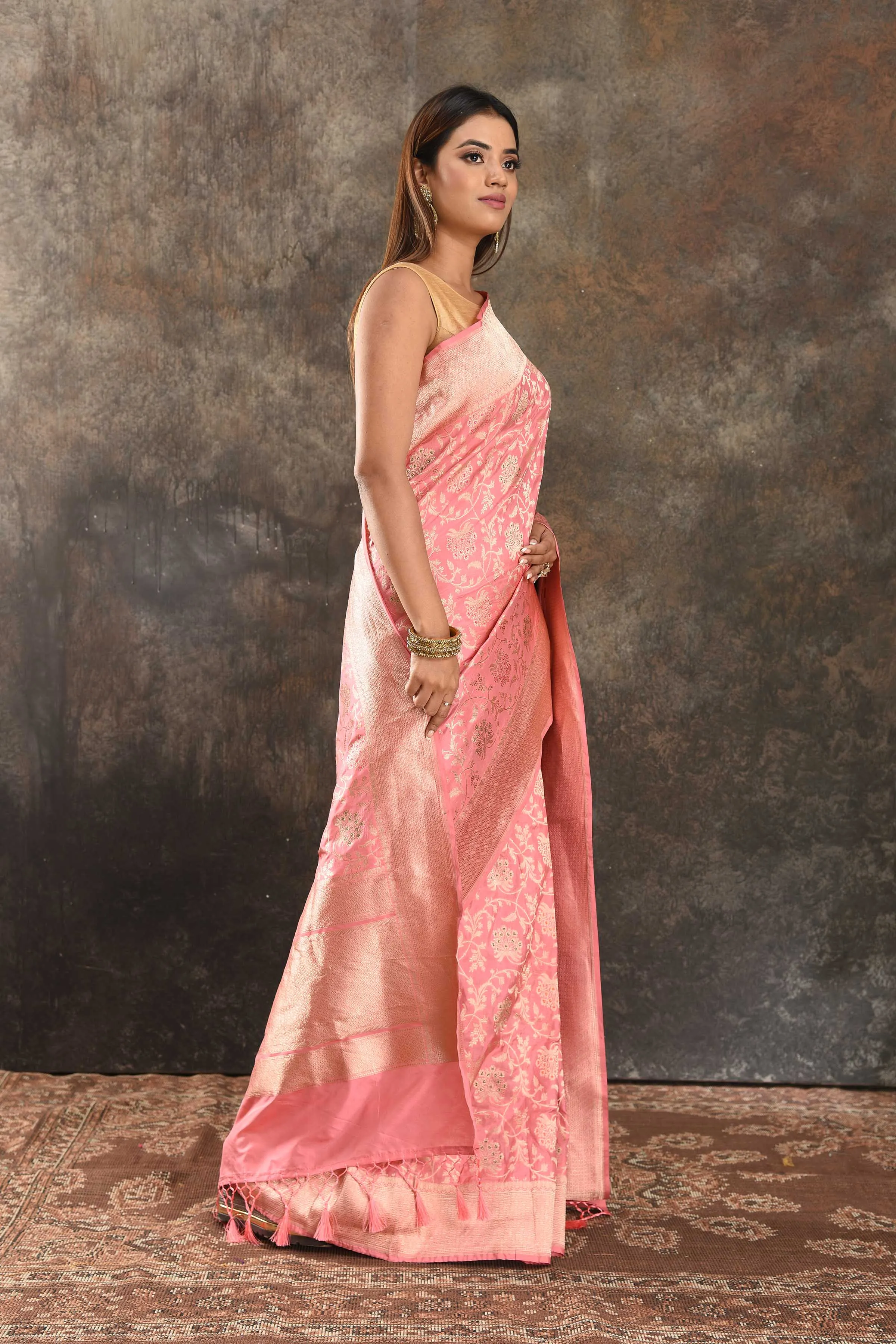 90N419-RO Pink Katan Silk Banarasi Saree with Zari Work