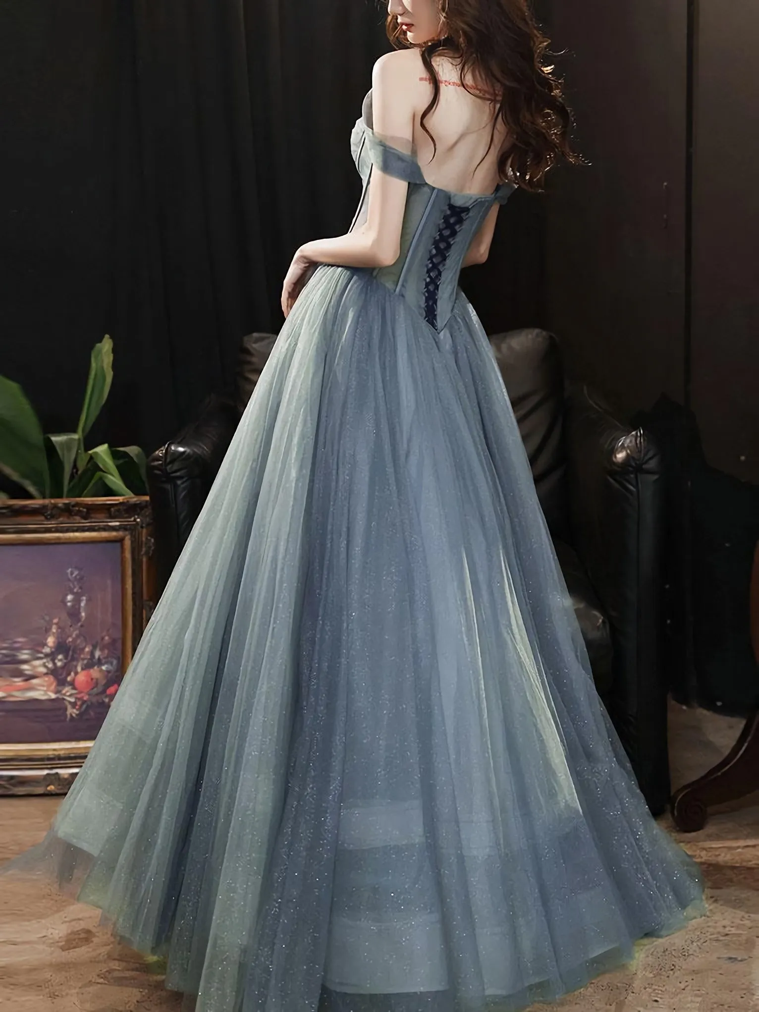 A Line Sweetheart Neck Gray Blue Tulle Long Prom Dress, Blue Evening Dress