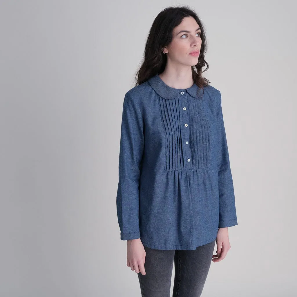 Adrianne Cotton Chambray Pleated Blouse | Blue