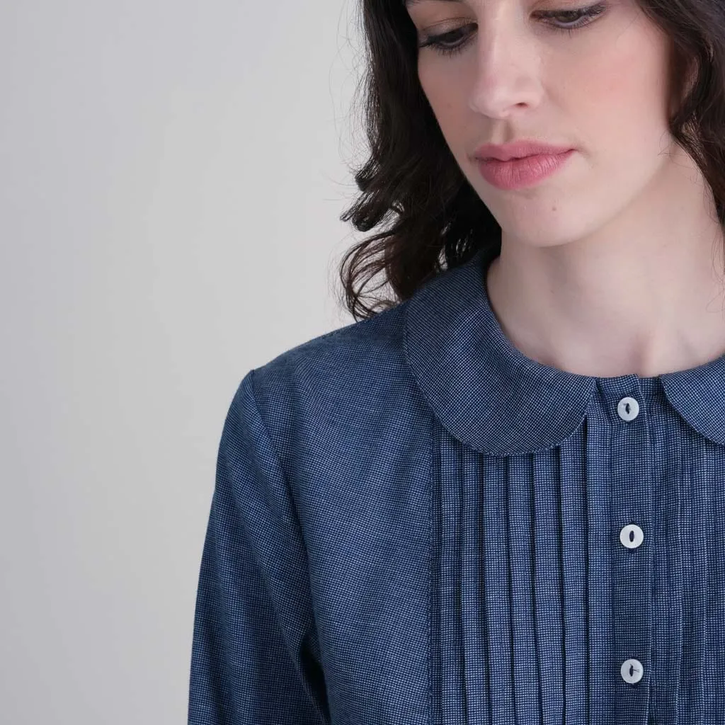 Adrianne Cotton Chambray Pleated Blouse | Blue