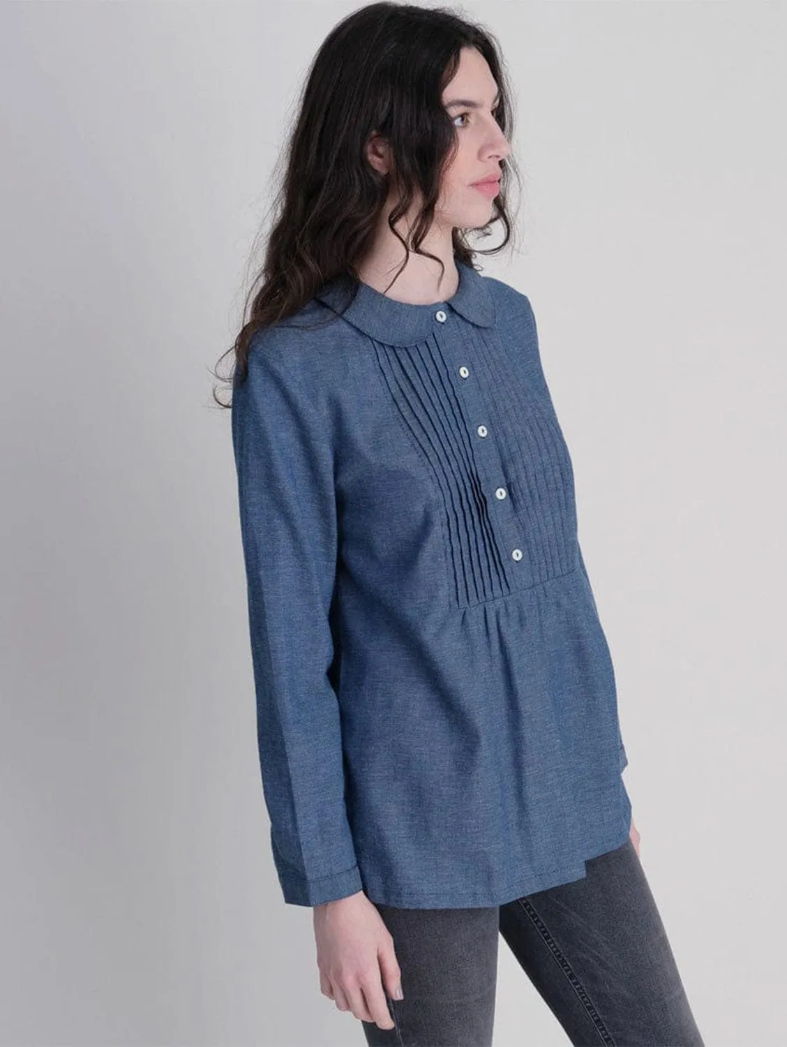 Adrianne Cotton Chambray Pleated Blouse | Blue