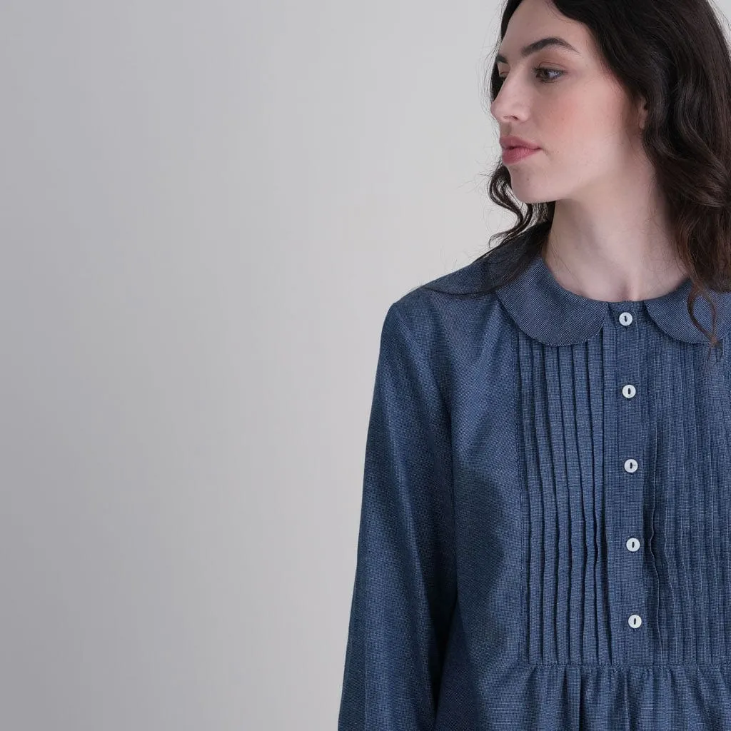 Adrianne Cotton Chambray Pleated Blouse | Blue