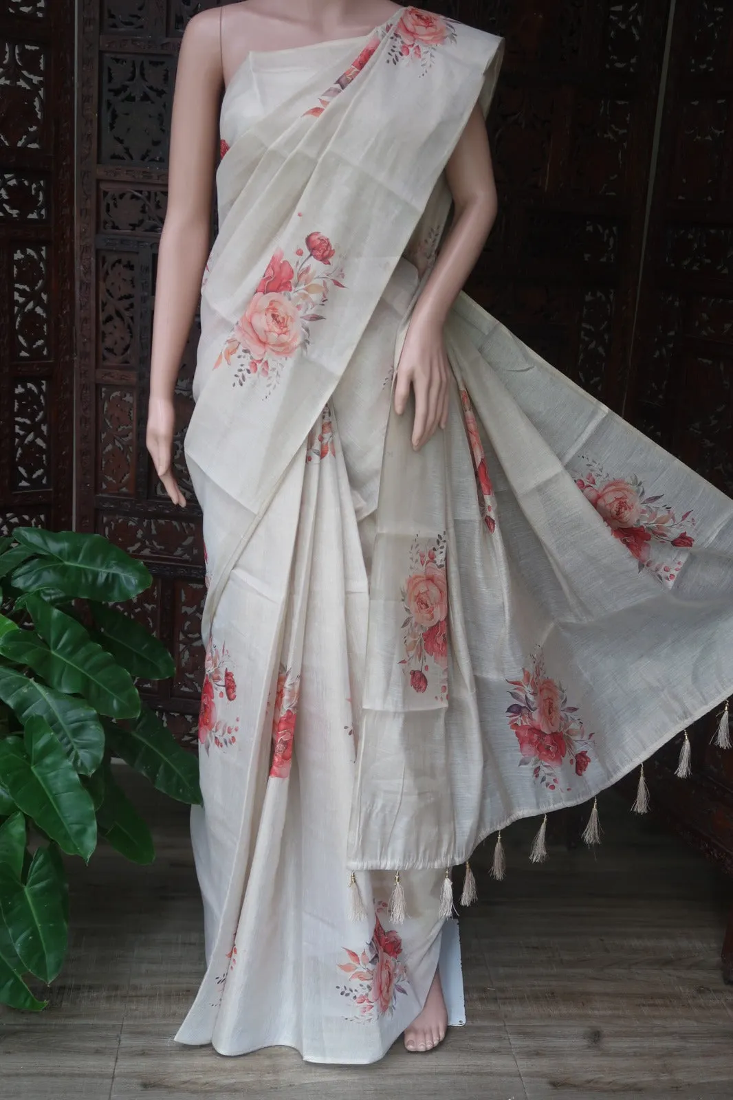 Amara , Off White  Tissue Blended Semi Tusser Finish Saree with  Full Body Multi Color Floral Design (Without Blouse)-KIA001TSA