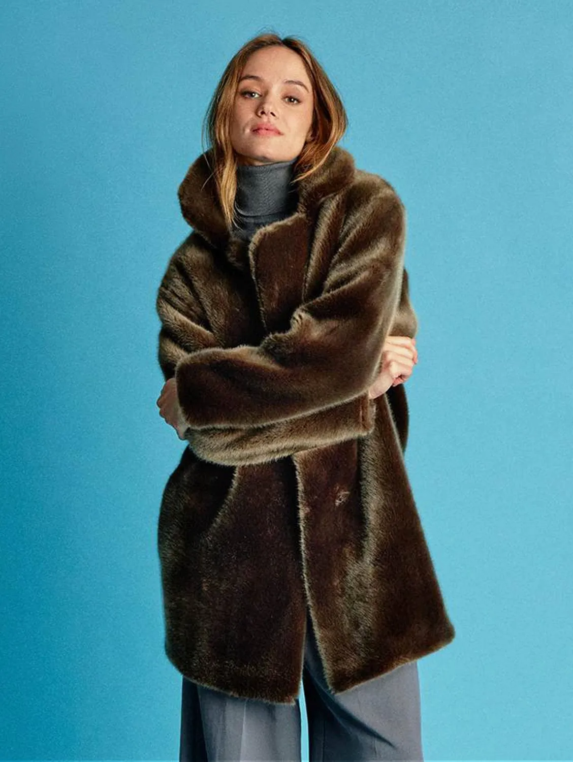 Babylone Vegan Fur Coat | Bronze Green