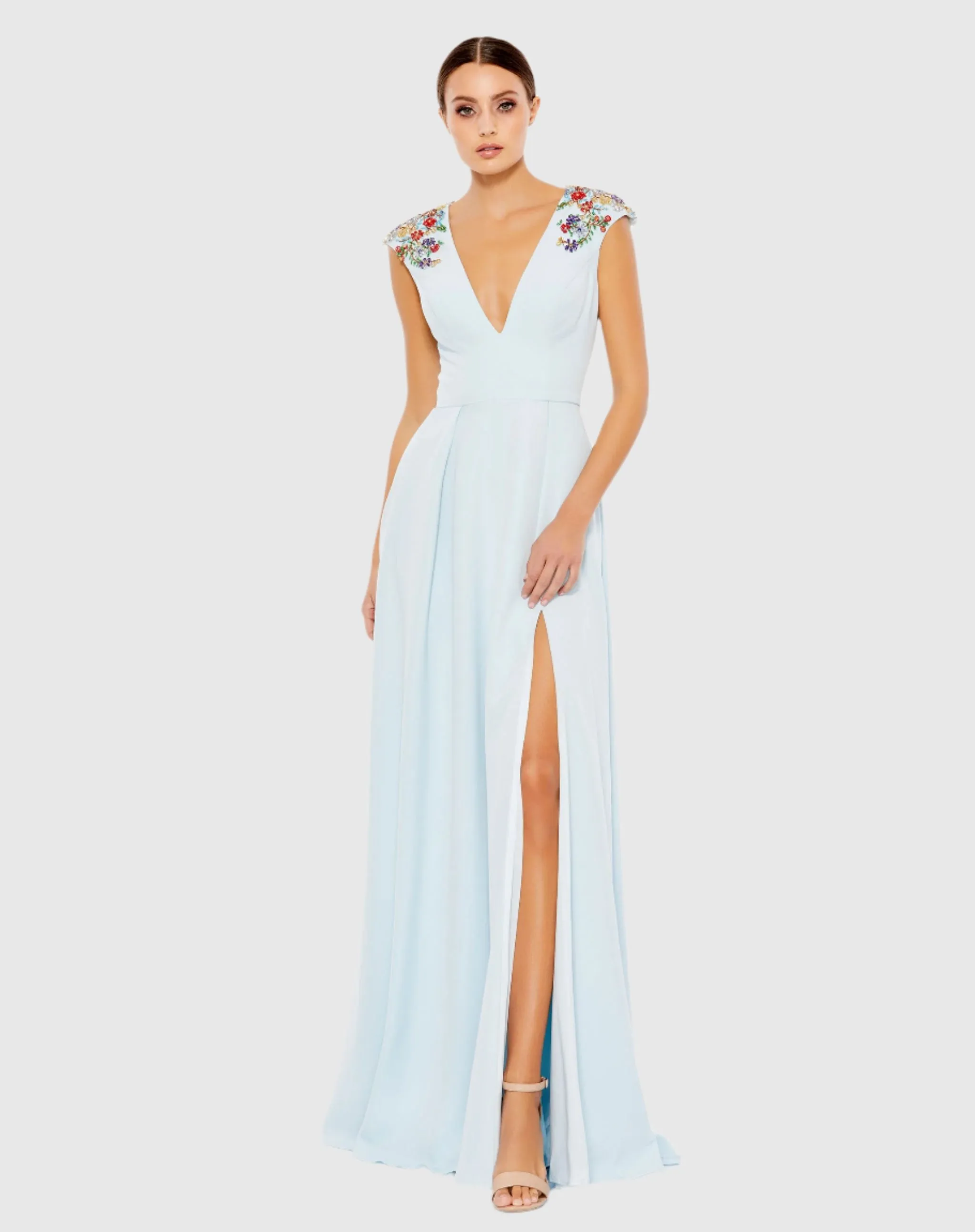 Beaded Cap Sleeve V Neck A Line Gown