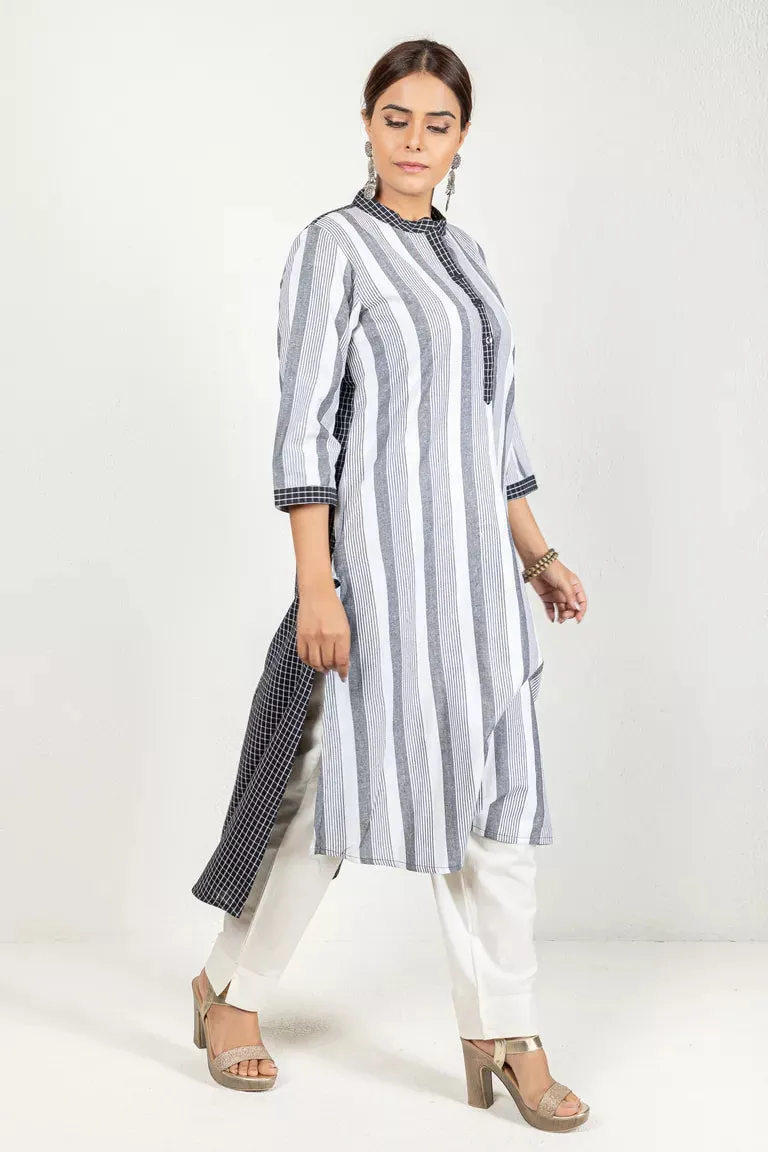 Black & White Woven Striped Kurta