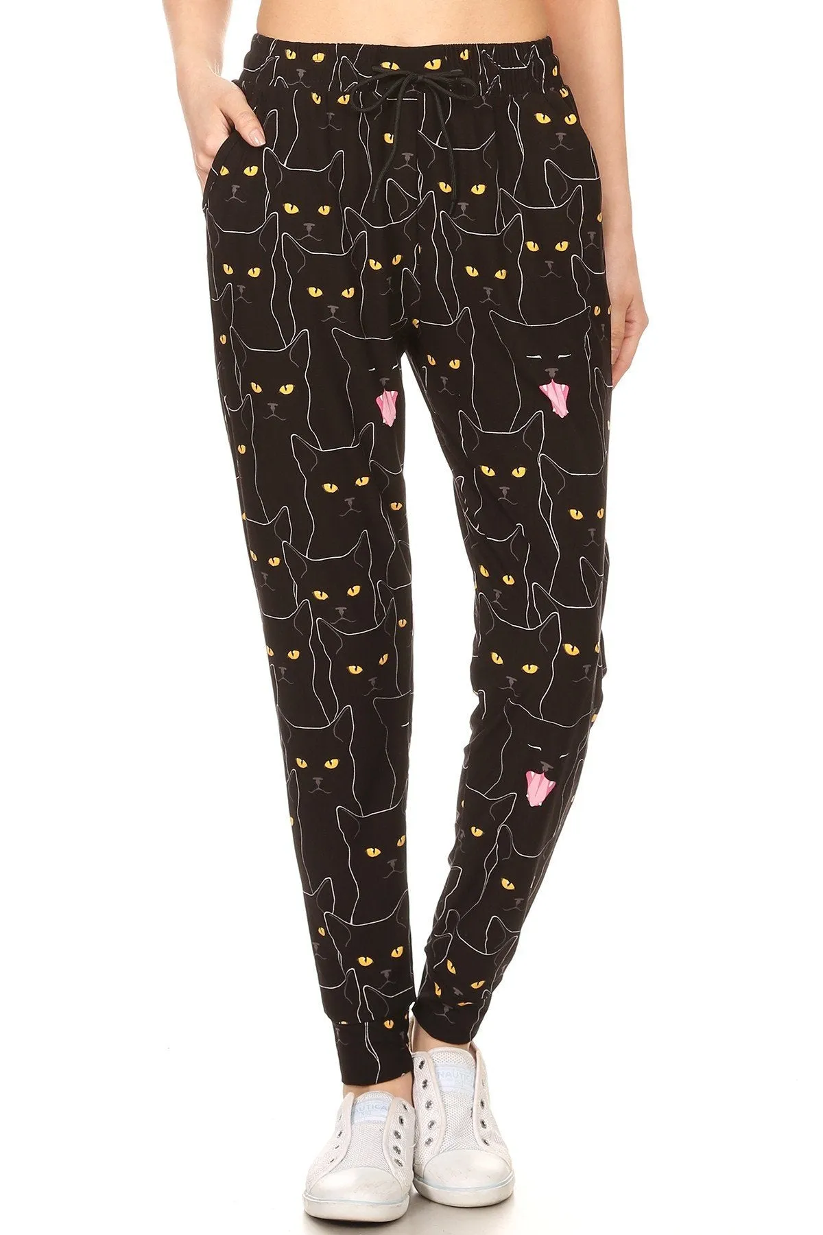 Black Cat Print Soft Lounge Jogger Pants