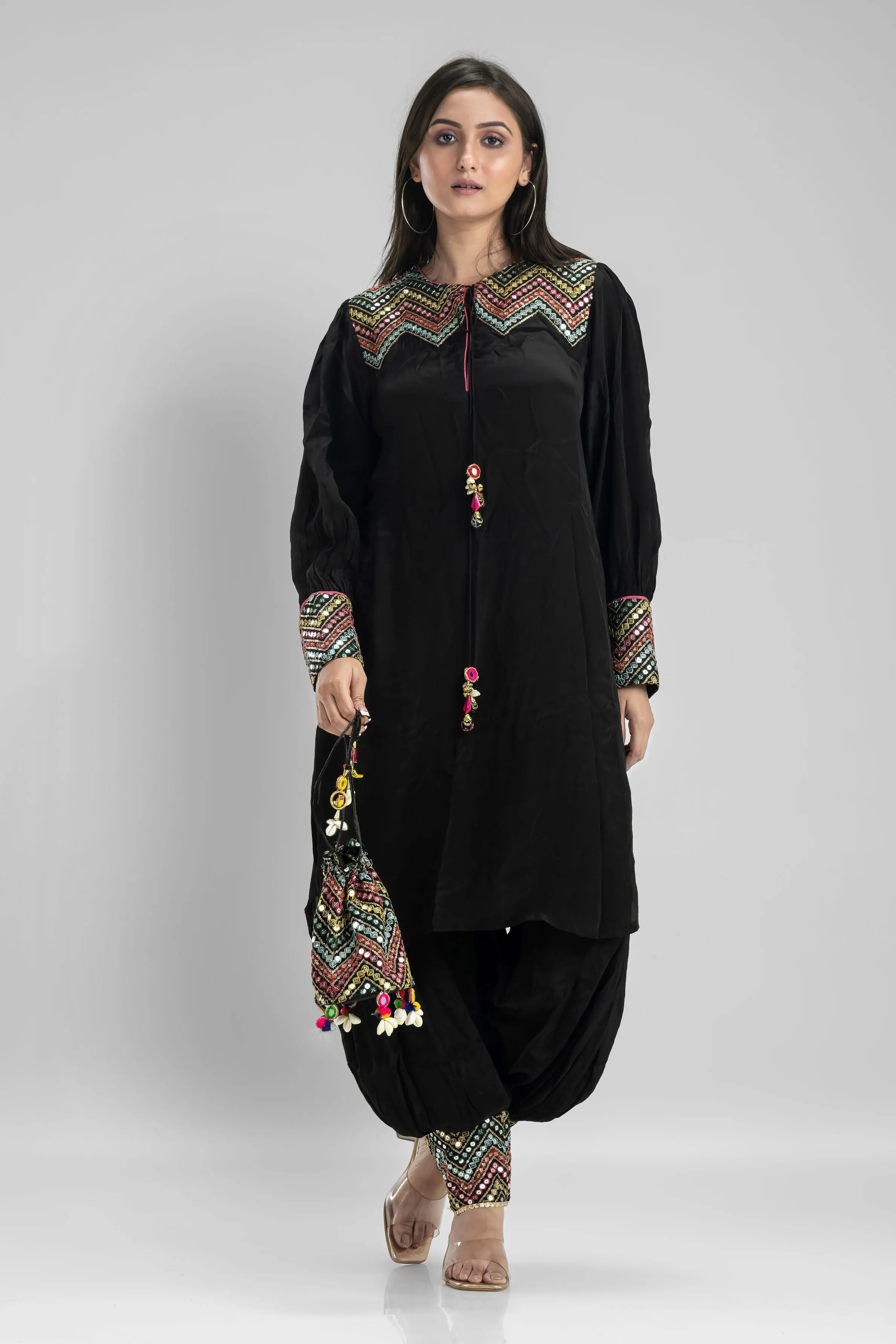 Black Embroidered Muslin Silk Patiala Pants Set