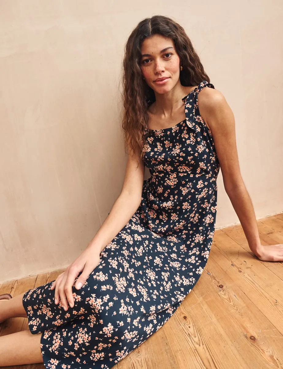 Black Floral Tie Shoulder Lara Midi Dress