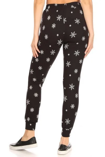 Black Snowflake Print Fleece Lined Soft Lounge Jogger Pants