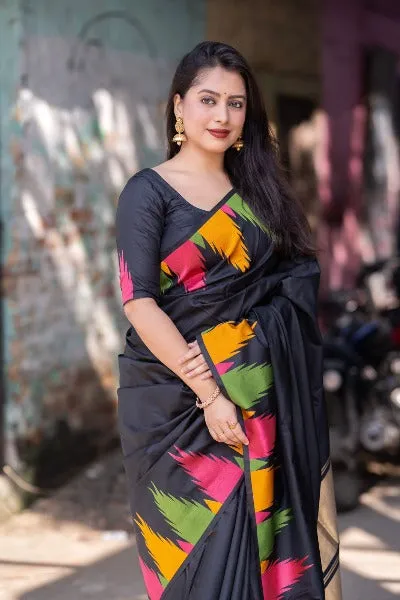 Black Soft Silk Temple Woven Saree