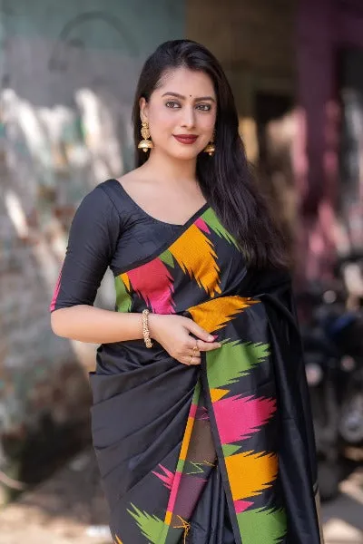 Black Soft Silk Temple Woven Saree