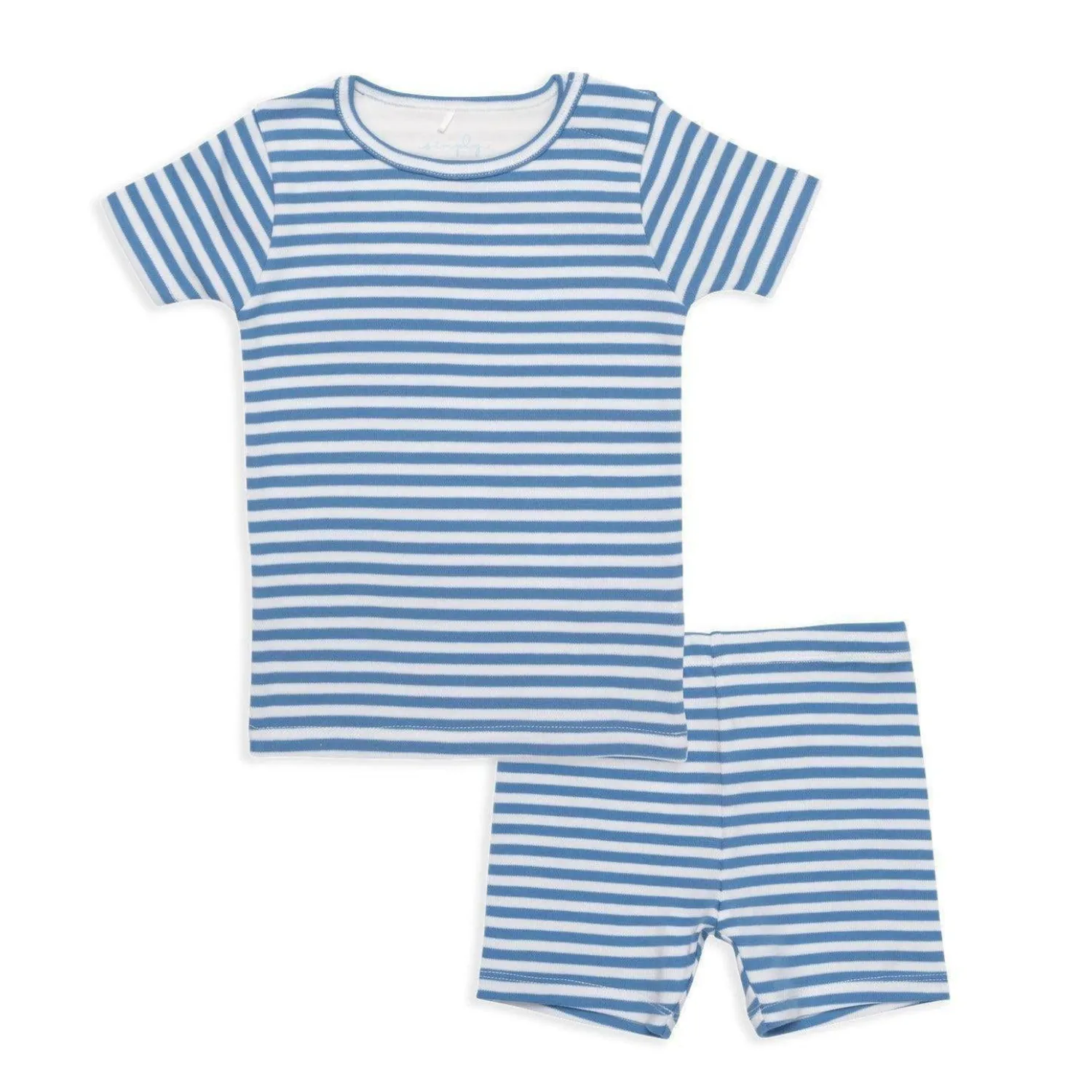 blue and white yarn-dye stripe organic cotton magnetic kids pajama shortie set