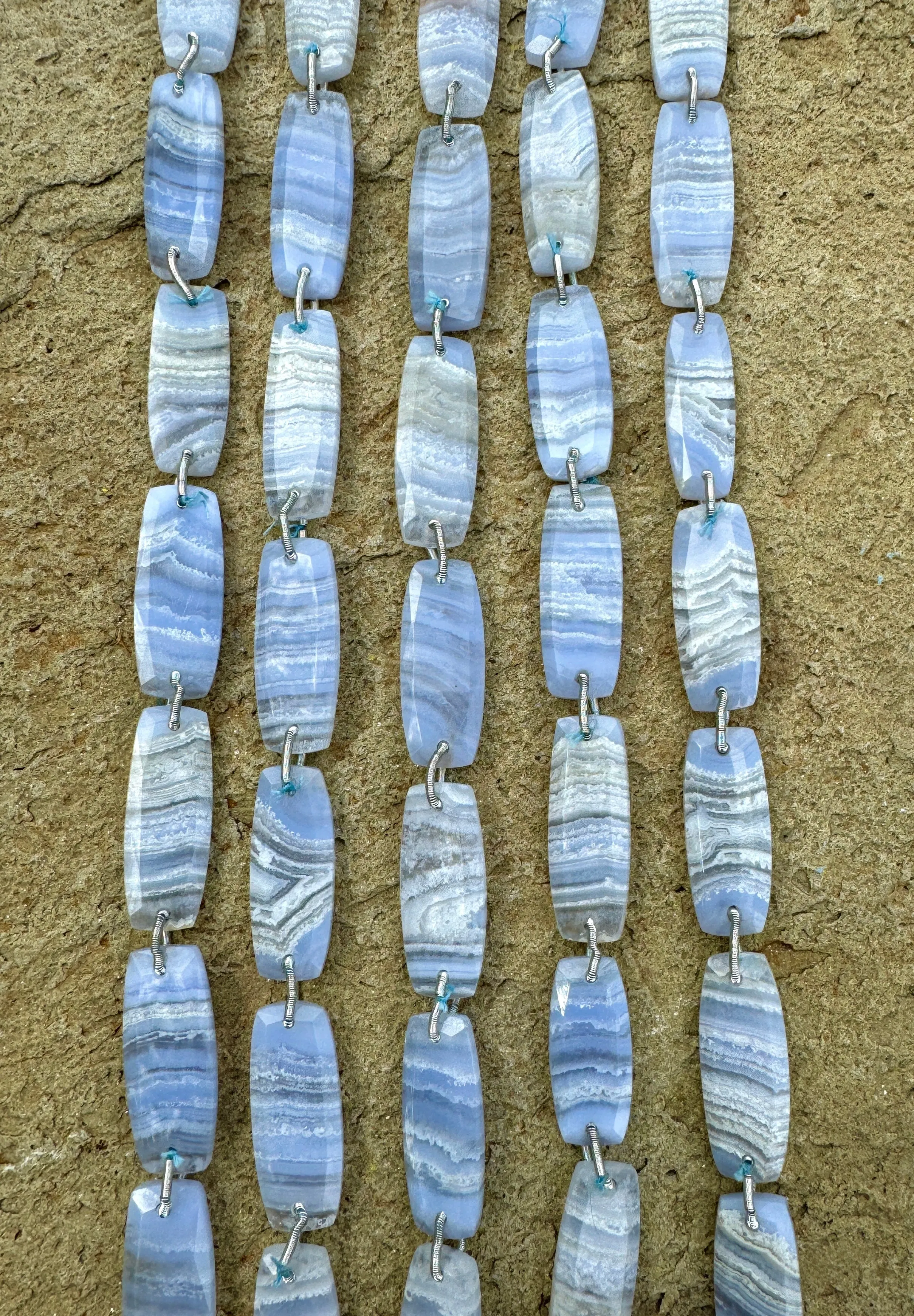 Blue Lace Agate Fancy Faceted Beads 10x27mm, (8 inches/ 7 beads)