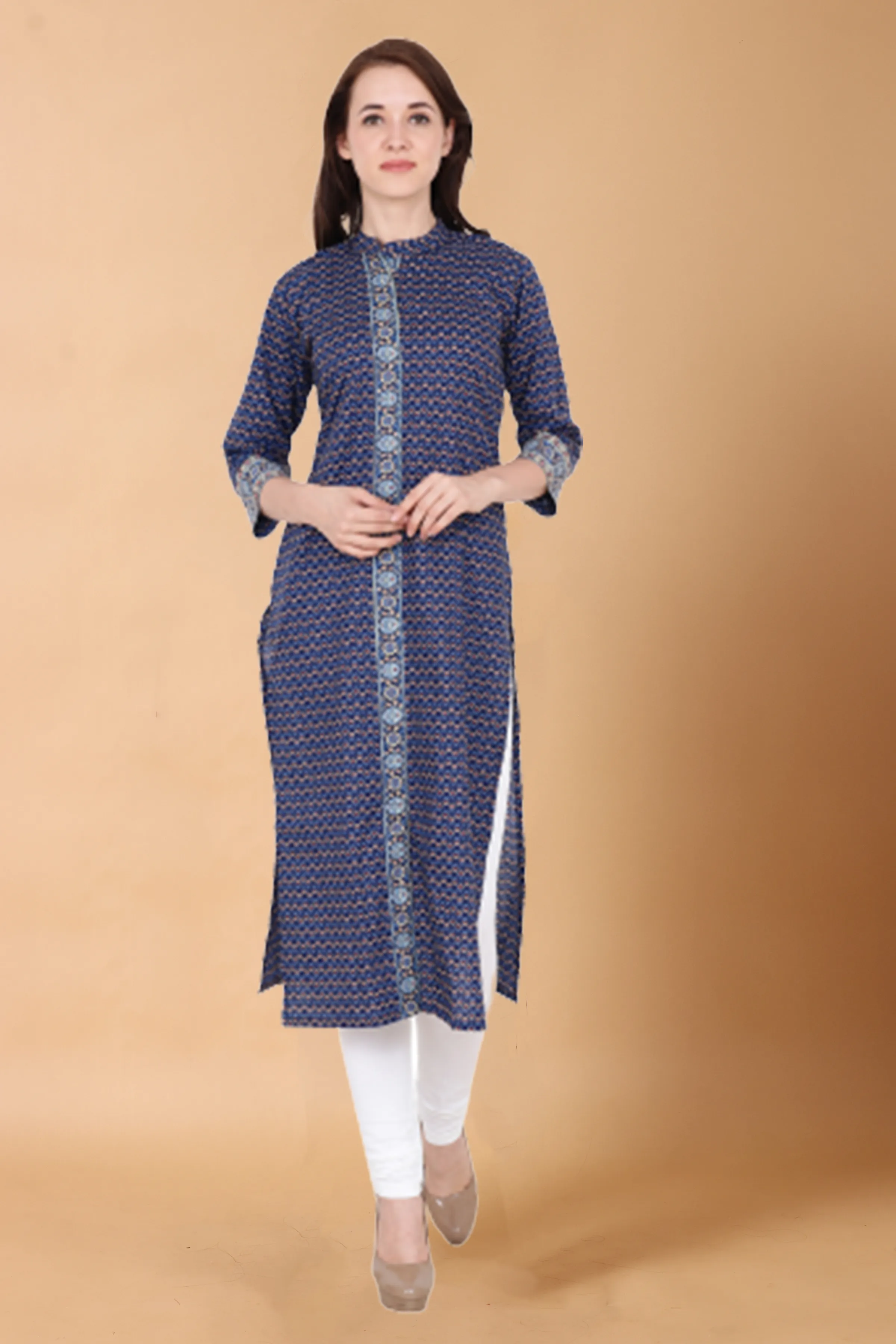 Blue Printed Placket Kurti