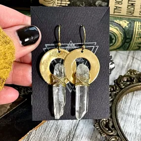 Brass Drop Earrings with Natural Clear Quartz Crystals