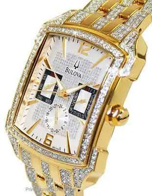 Bulova Mens Crystal Date Watch - Gold-Tone - Day - Date - 24 Hour Subdial