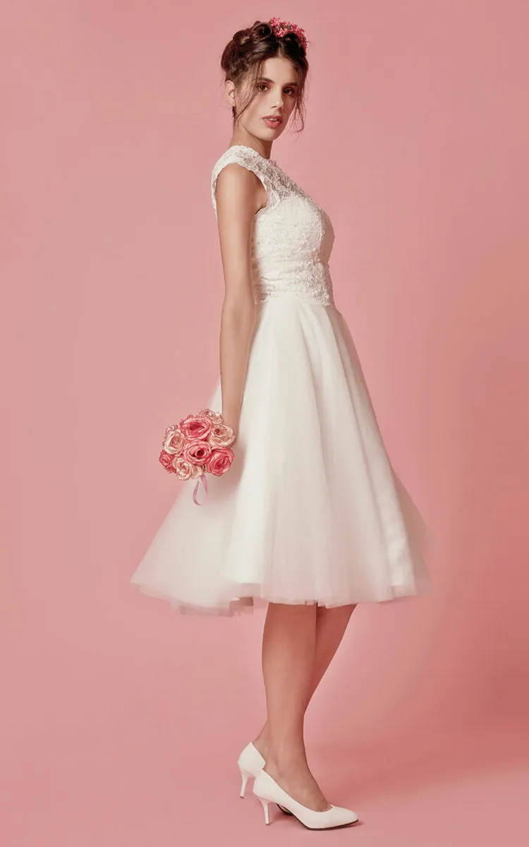 Cap Sleeved A-Line Knee Length Wedding Dress With Jacket-ZP_703949