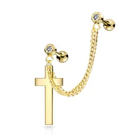 Chain Linked Crystal Set Cartilage Barbells with Cross - Gold