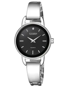 Citizen Quartz Ladies Watch - Stainless Steel - Black Dial - Crystal - Bangle