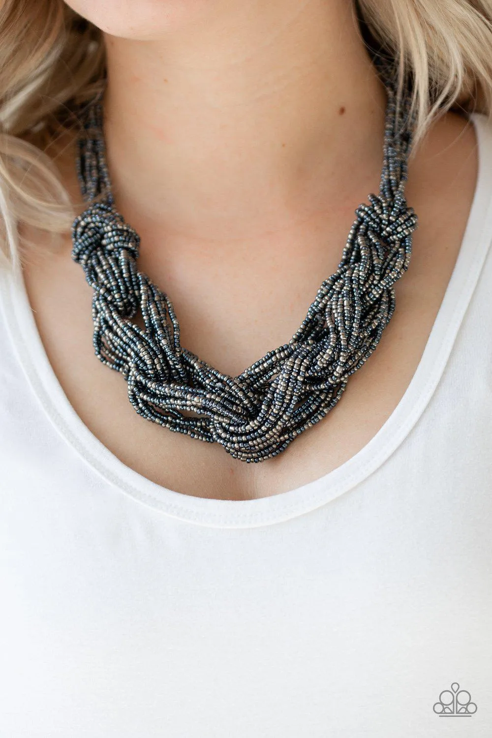 City Catwalk Blue and Gunmetal Seed bead Necklace - Paparazzi Accessories