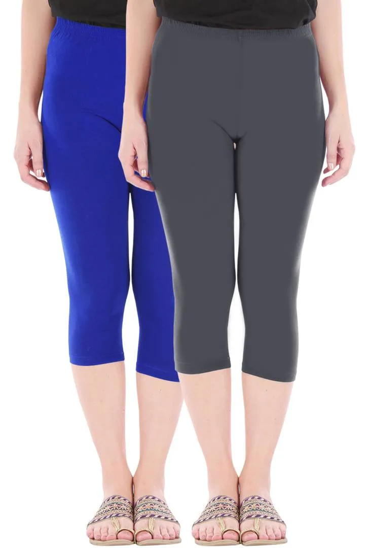 Combo Pack Of 2 Skinny Fit 3/4 Capris Leggings For Women Royal Blue Grey