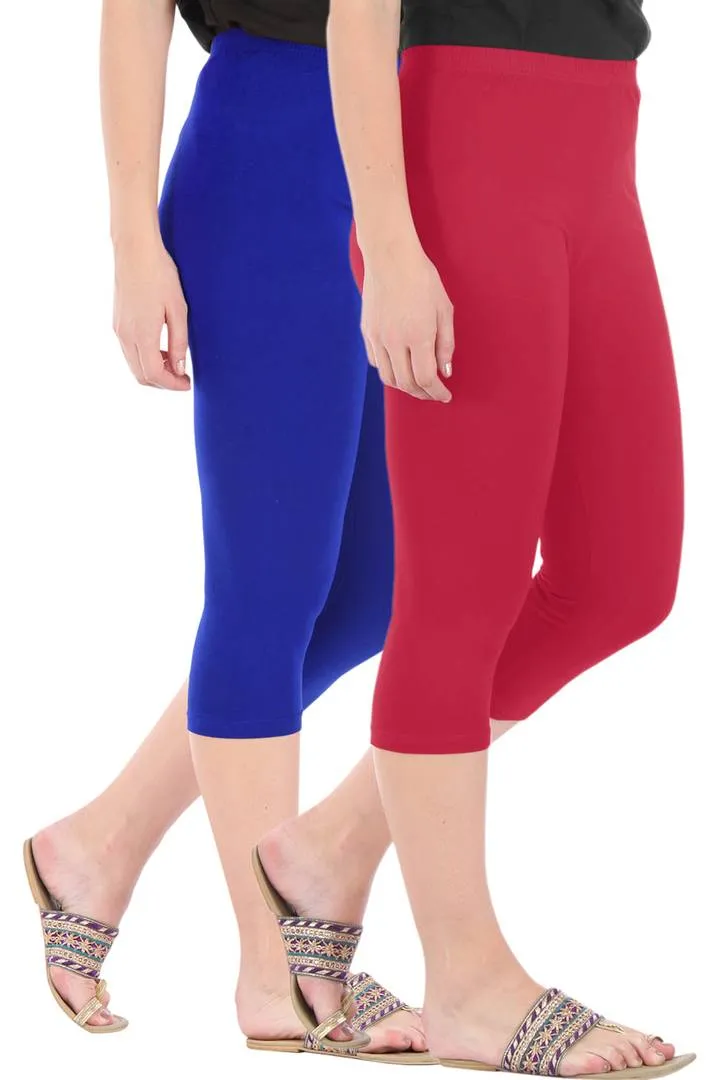 Combo Pack Of 2 Skinny Fit 3/4 Capris Leggings For Women Royal Blue Tomato Red