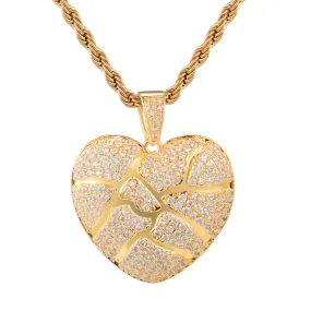 Cubic-Zirconia-Studded Gold-Plated Broken Heart Bling Copper Hip-hop Pendant Necklace