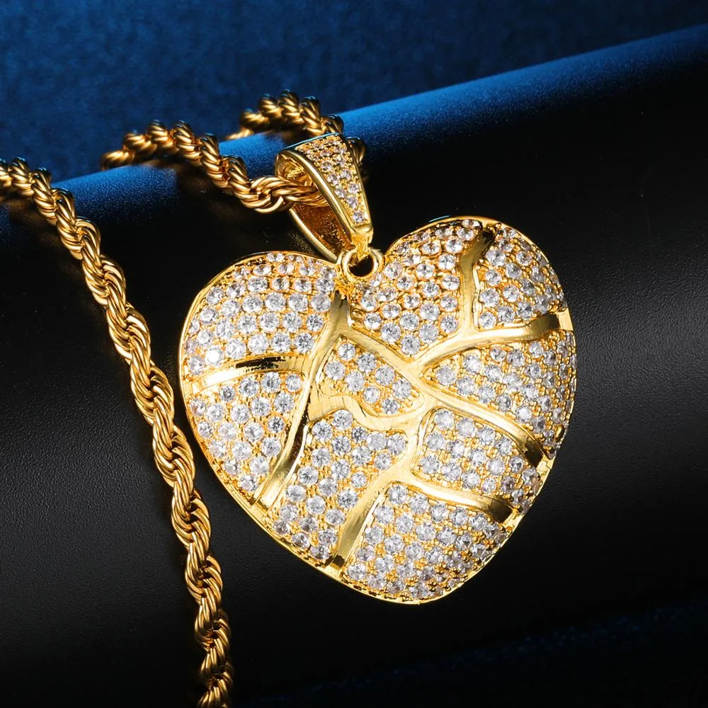 Cubic-Zirconia-Studded Gold-Plated Broken Heart Bling Copper Hip-hop Pendant Necklace