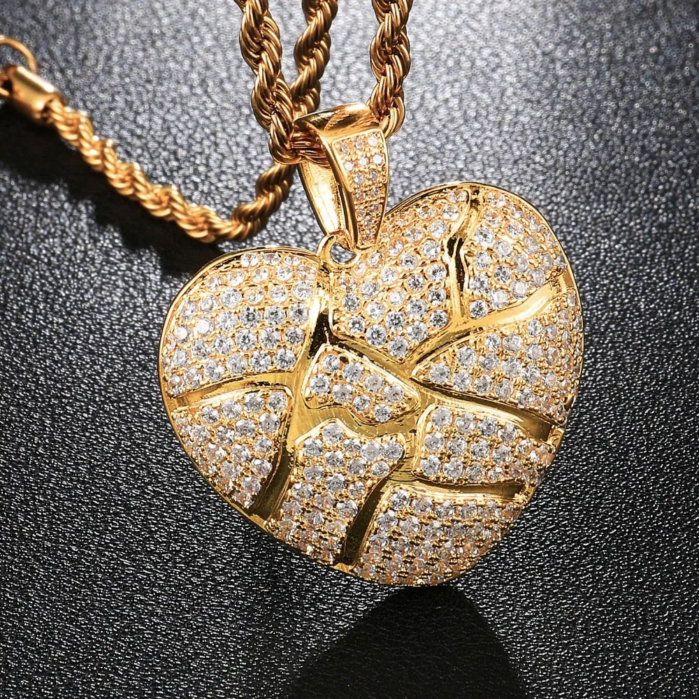 Cubic-Zirconia-Studded Gold-Plated Broken Heart Bling Copper Hip-hop Pendant Necklace