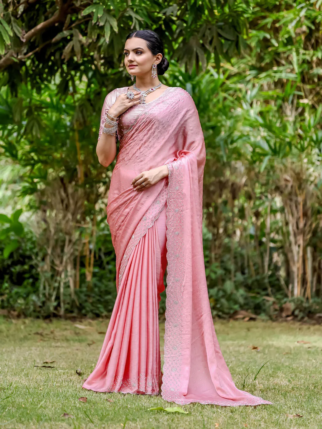 Cutdana Embroidered Chinnon Saree