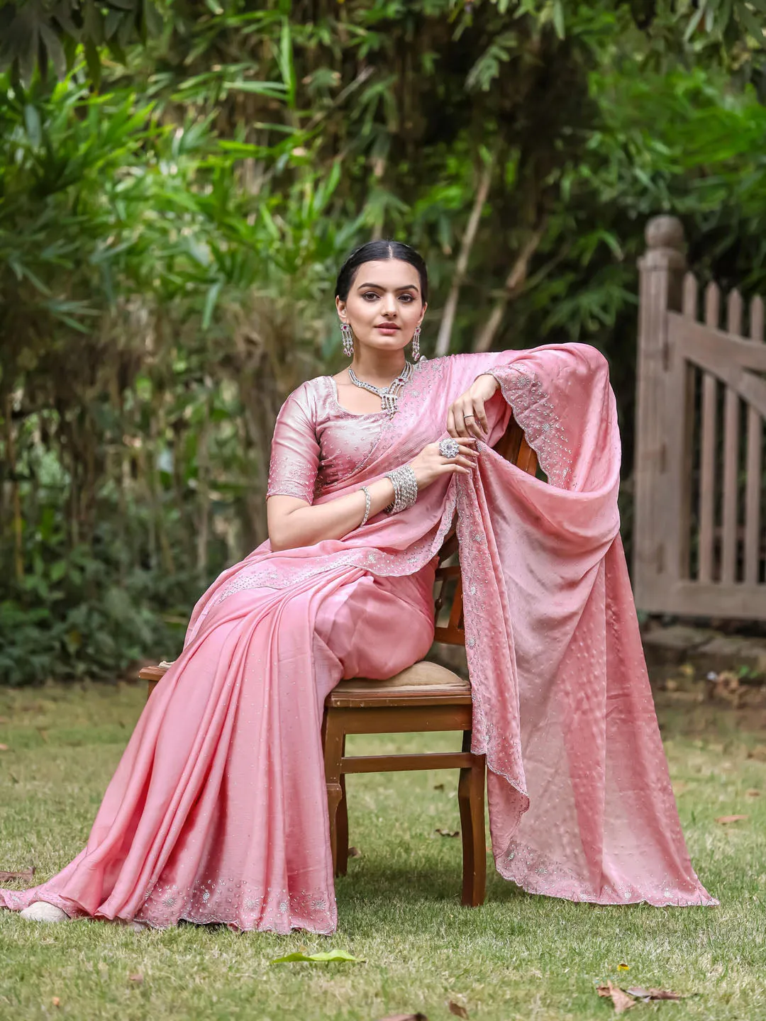 Cutdana Embroidered Chinnon Saree