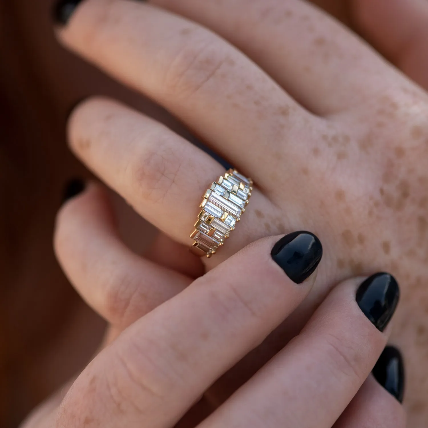 Deco Diamond Engagement Ring with Top Light Brown Baguettes