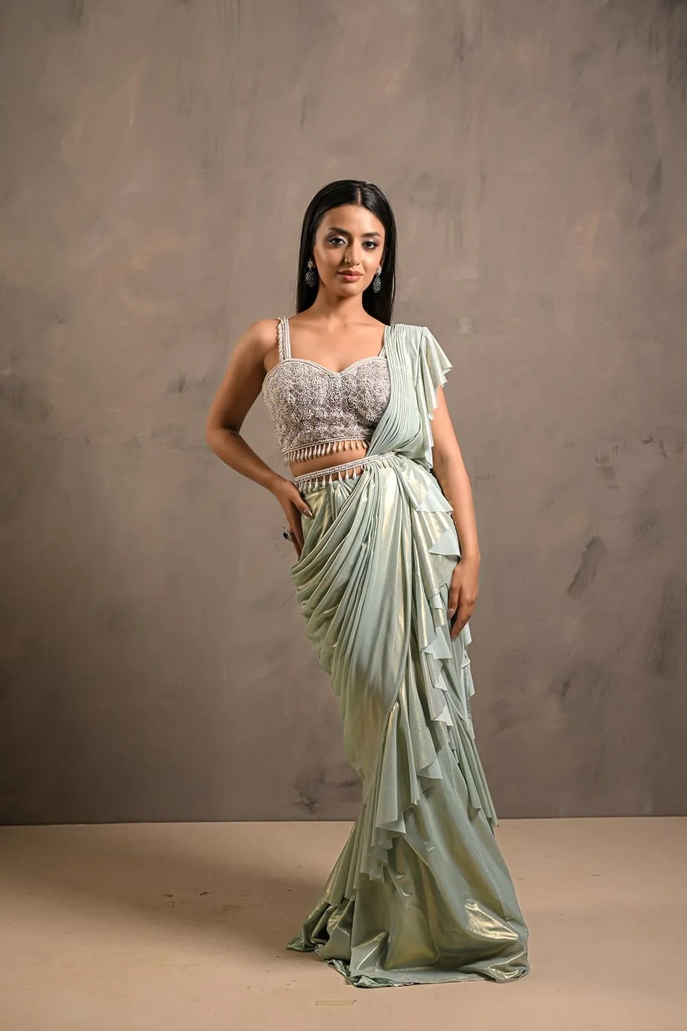 Dripped Sky-Blue Saree