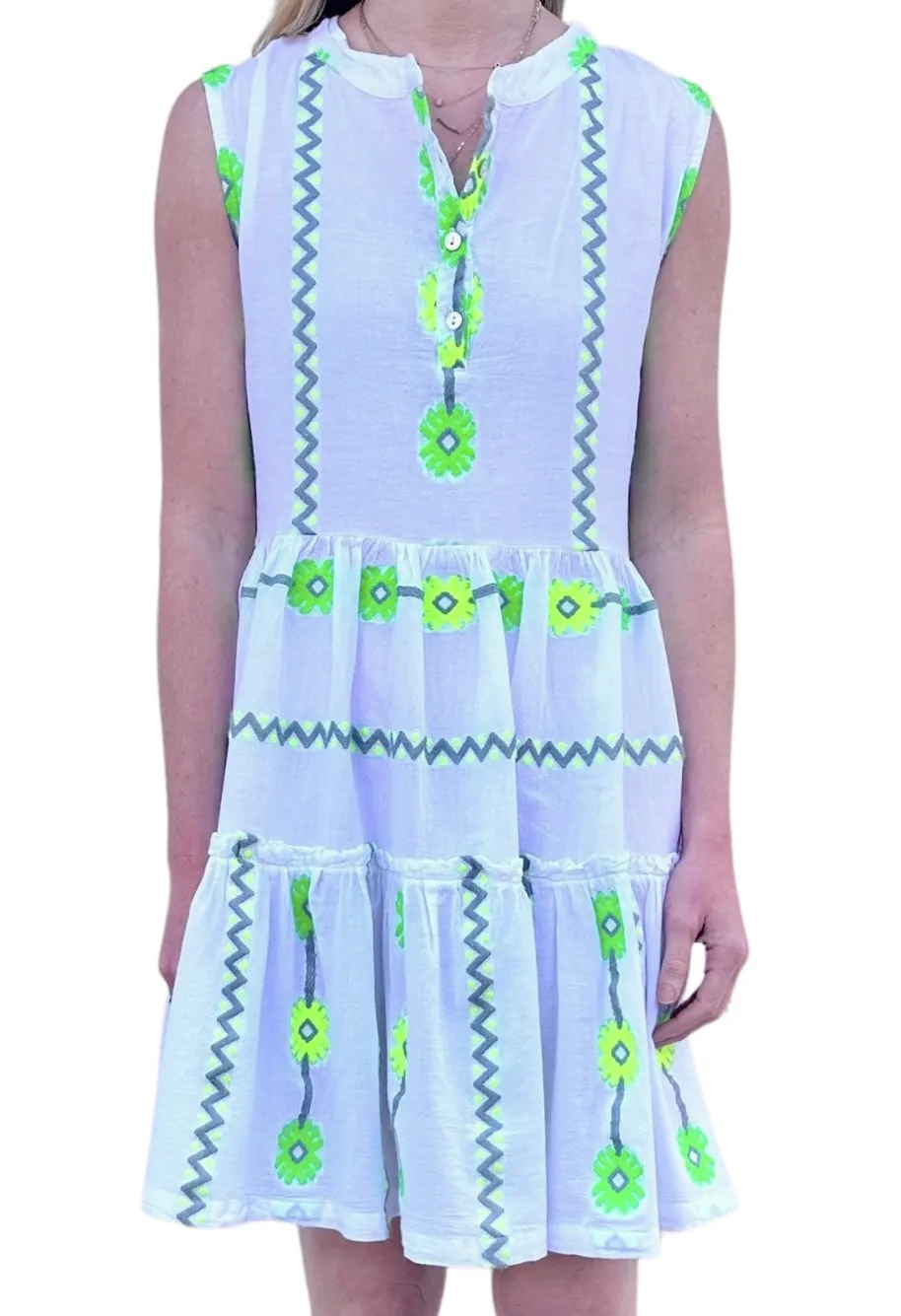 Embroidered Flower Sleeveless Dress in white/green by Haris Cotton