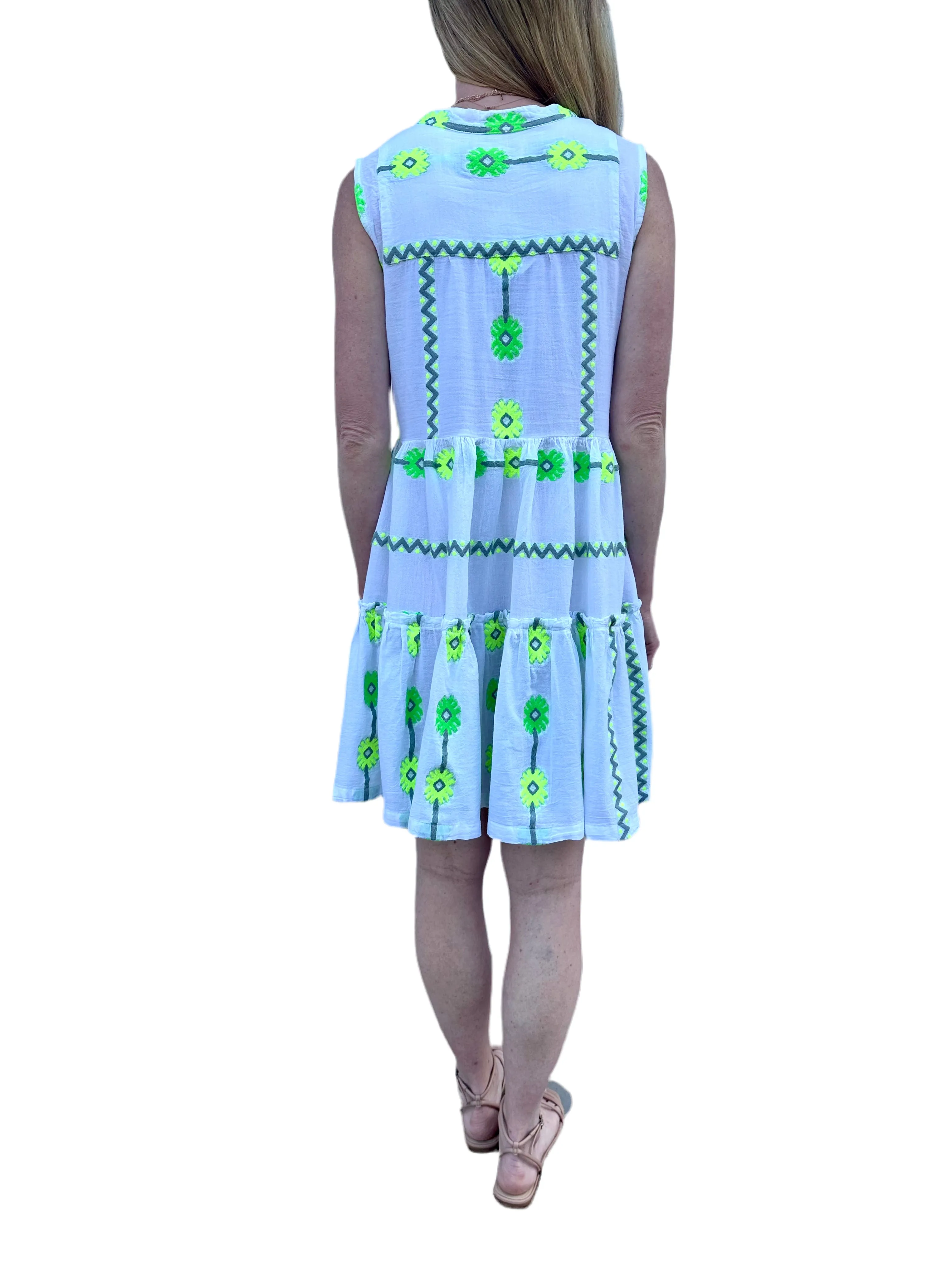 Embroidered Flower Sleeveless Dress in white/green by Haris Cotton