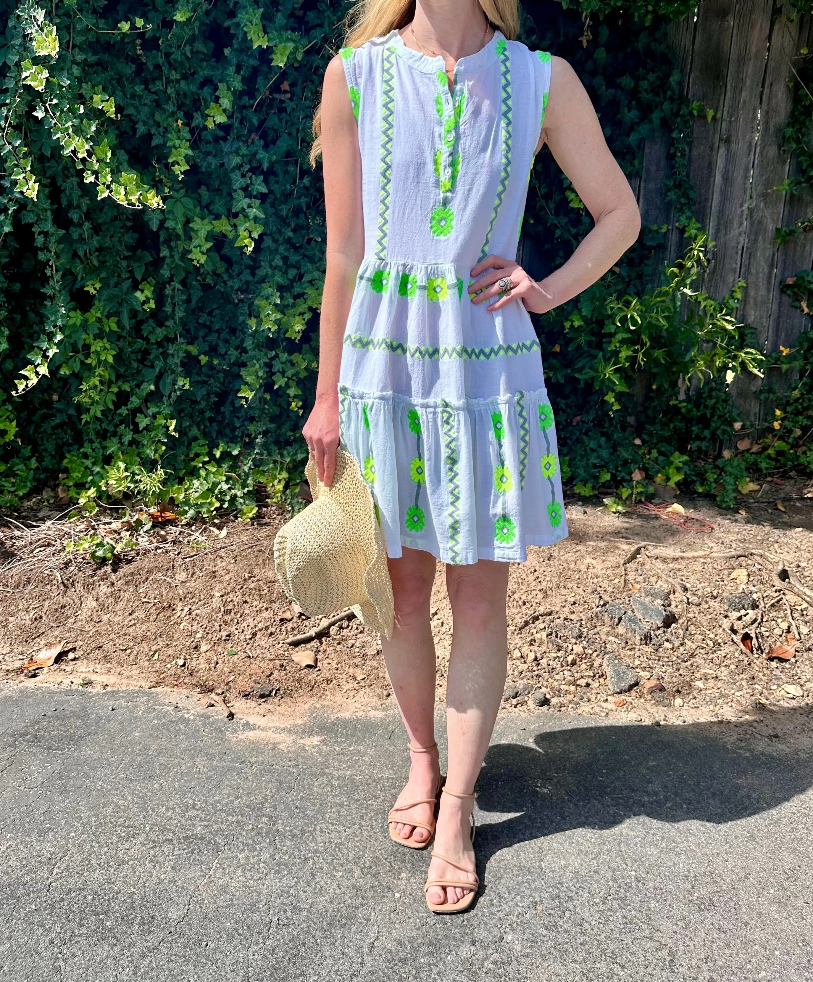 Embroidered Flower Sleeveless Dress in white/green by Haris Cotton